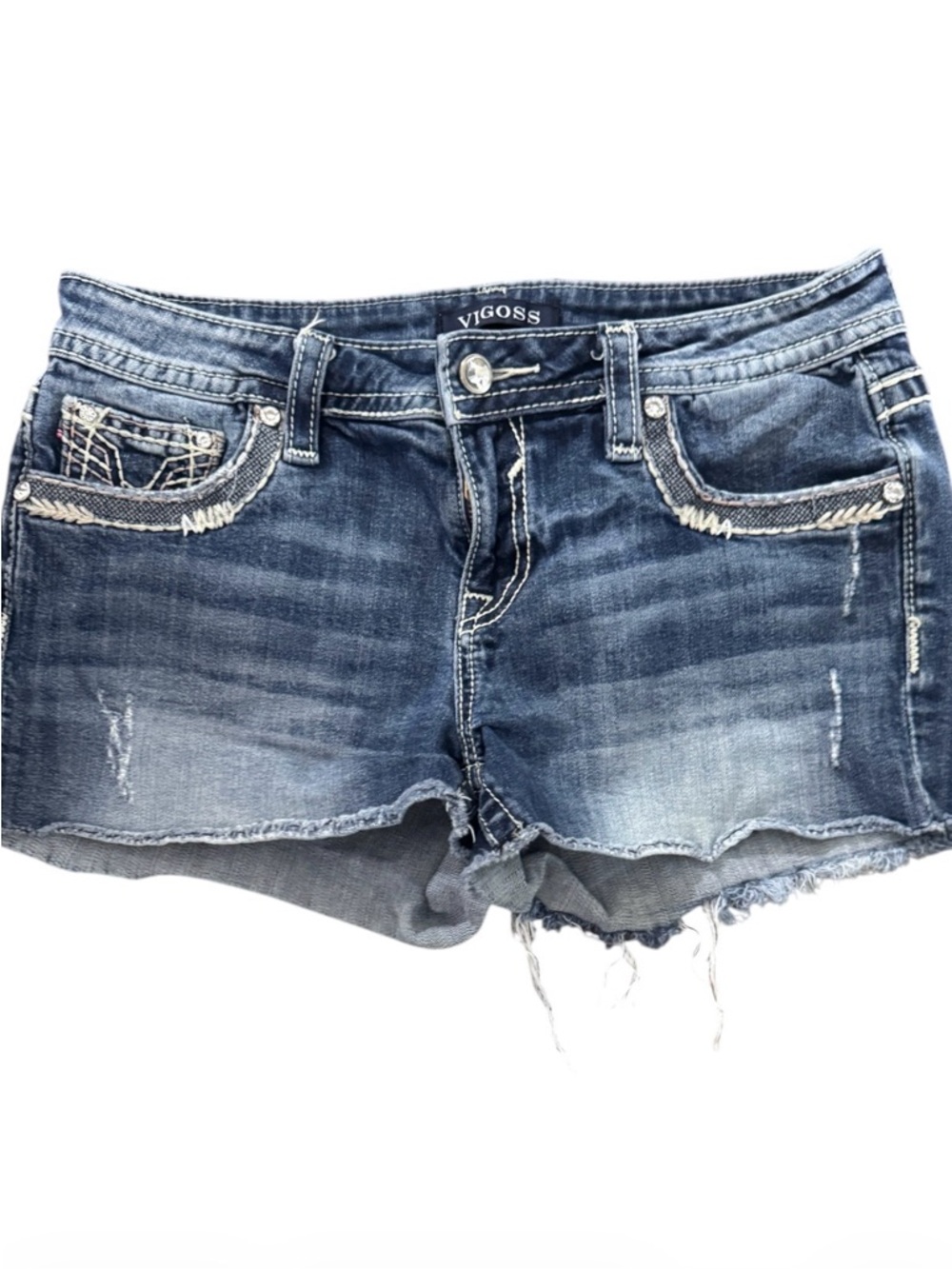VIGOSS distressed denim shorts frayed raw hem medium wash y2k low rise
